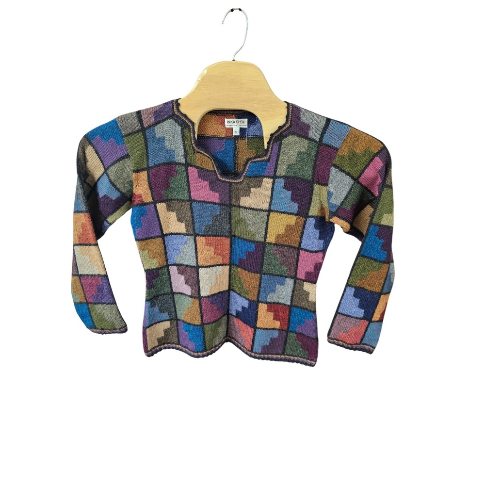 Inka Shop Cusco Peru Baby Alpaca Patchwork Geometric Knit Sweater Multi Color S